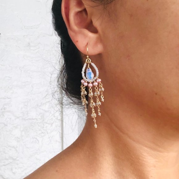 Dainty Blue & Pink Pearl Dangling Earrings - Picture 3 of 4